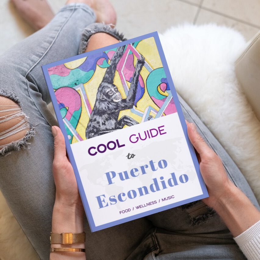 woman holding Cool Guide tp Puerto Escondido in her hands, wearing ripped jeans, and sitting in a light-colored chair