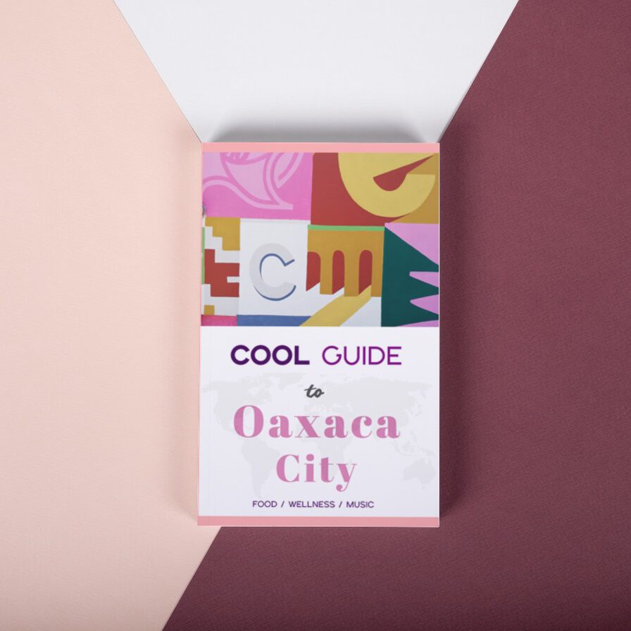 Cool Guide to Oaxaca City, a tourist guide book on bordeaux and rose background