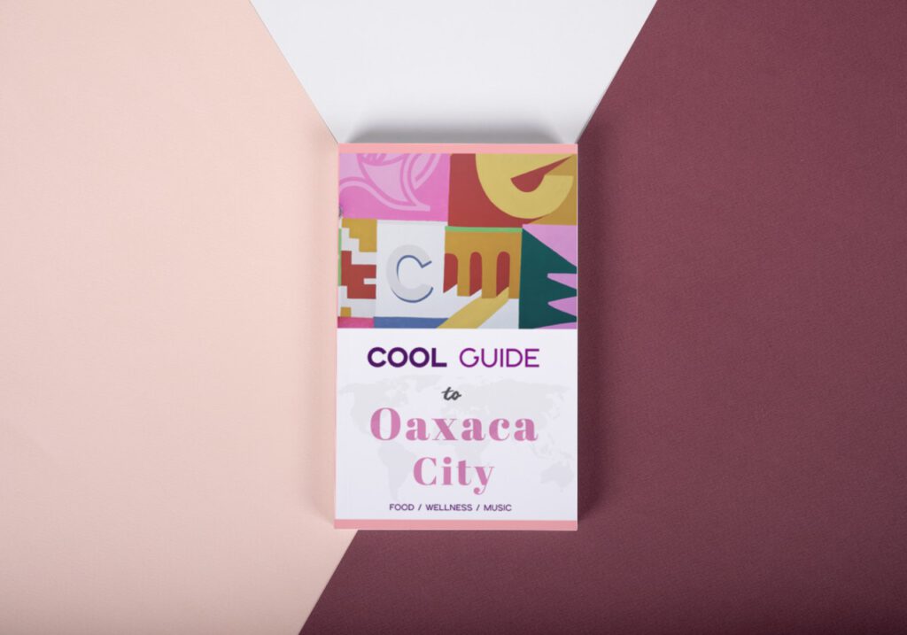 Cool Guide to Oaxaca City, a tourist guide book on bordeaux and rose background