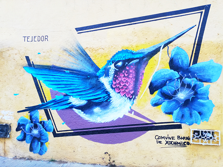 Hummingbird mural in Xochimilco neighborhood, Oaxaca City, saying "Convive Barrio de Xochimilco"