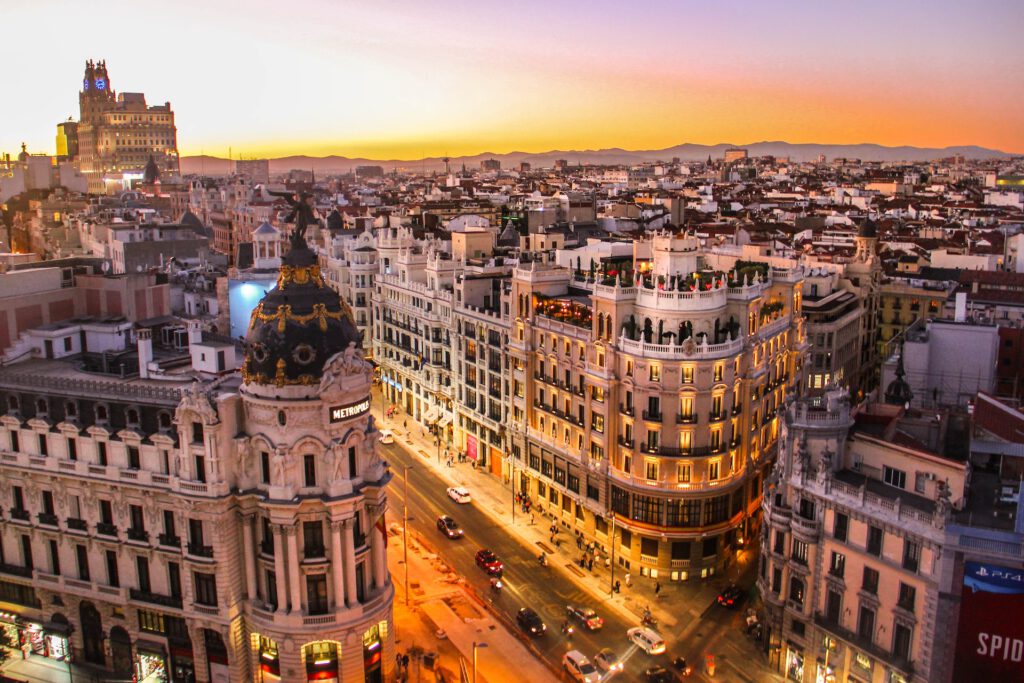 view form above to madrid in sunset with golden color